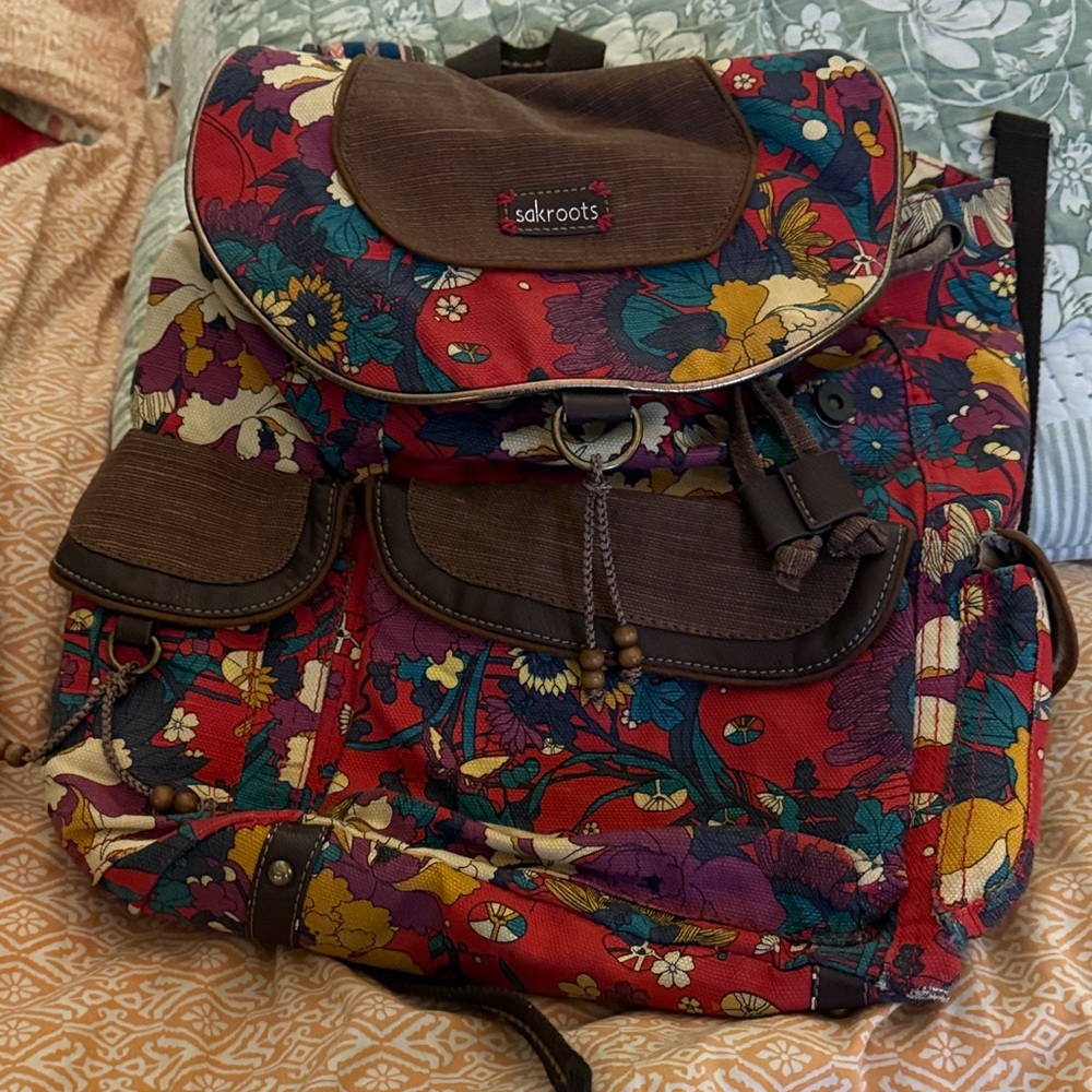 Sakroots Red Multi Floral Canvas Backpack with Brown Trim